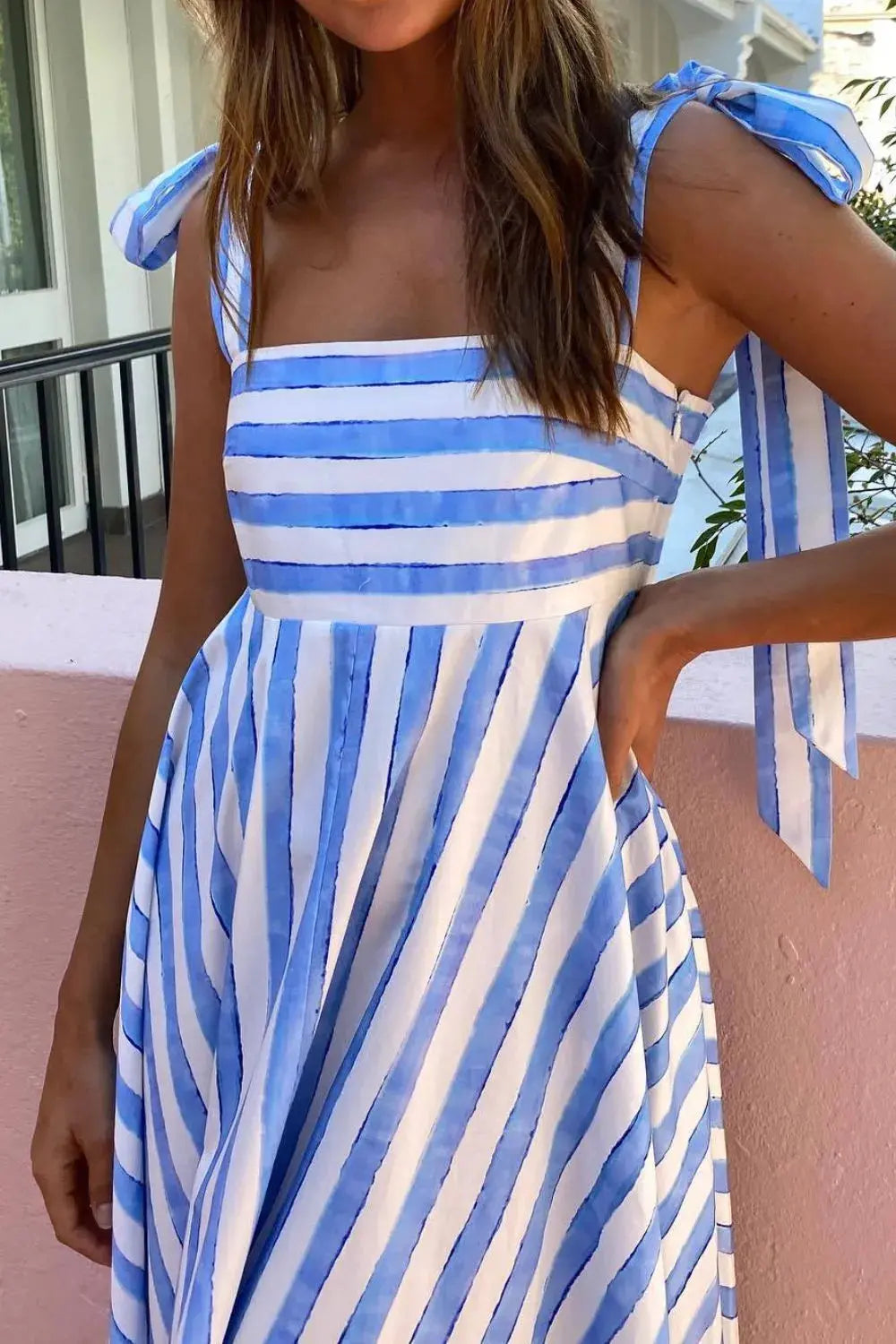 Striped Square Neck Wide Strap Dress.