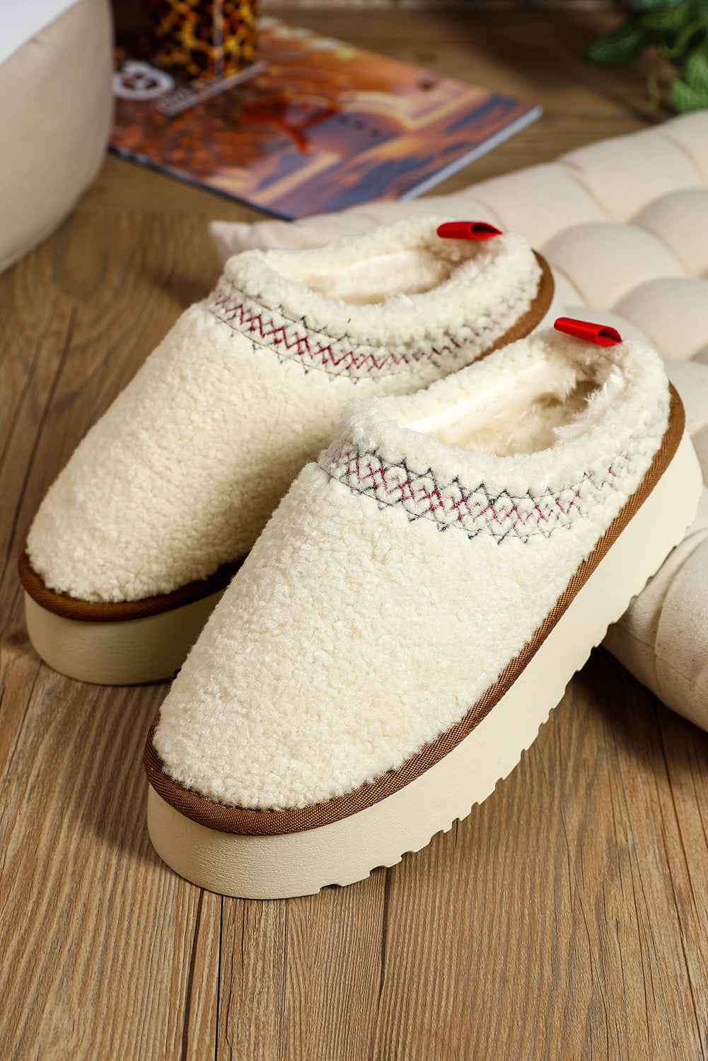 White Embroidered Sherpa Plush Thick Sole Winter Slippers