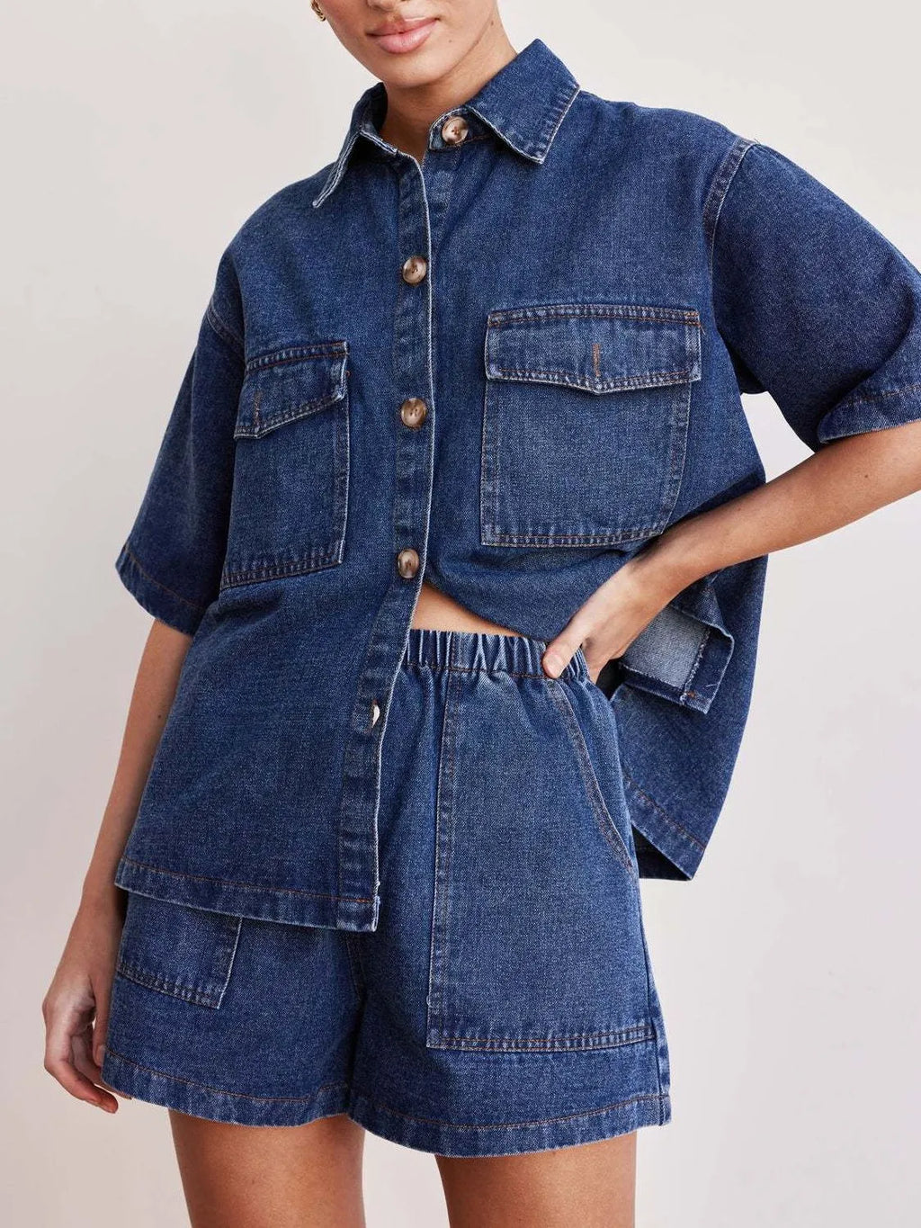 Button Up Short Sleeve Top and Shorts Denim Set.