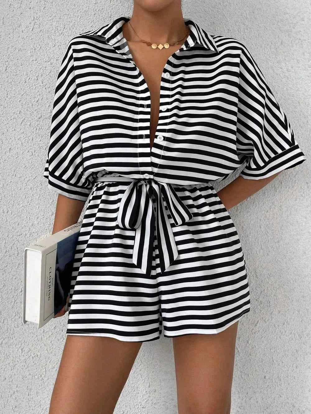 Tie Waist Half Button Striped Romper