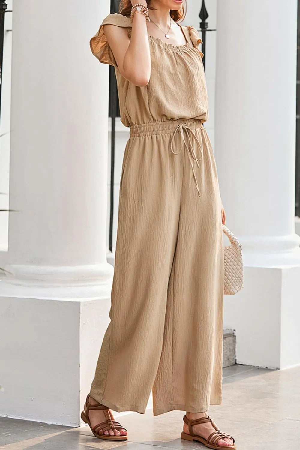Ruffled Sleeve Wide Leg Jumpsuit.
