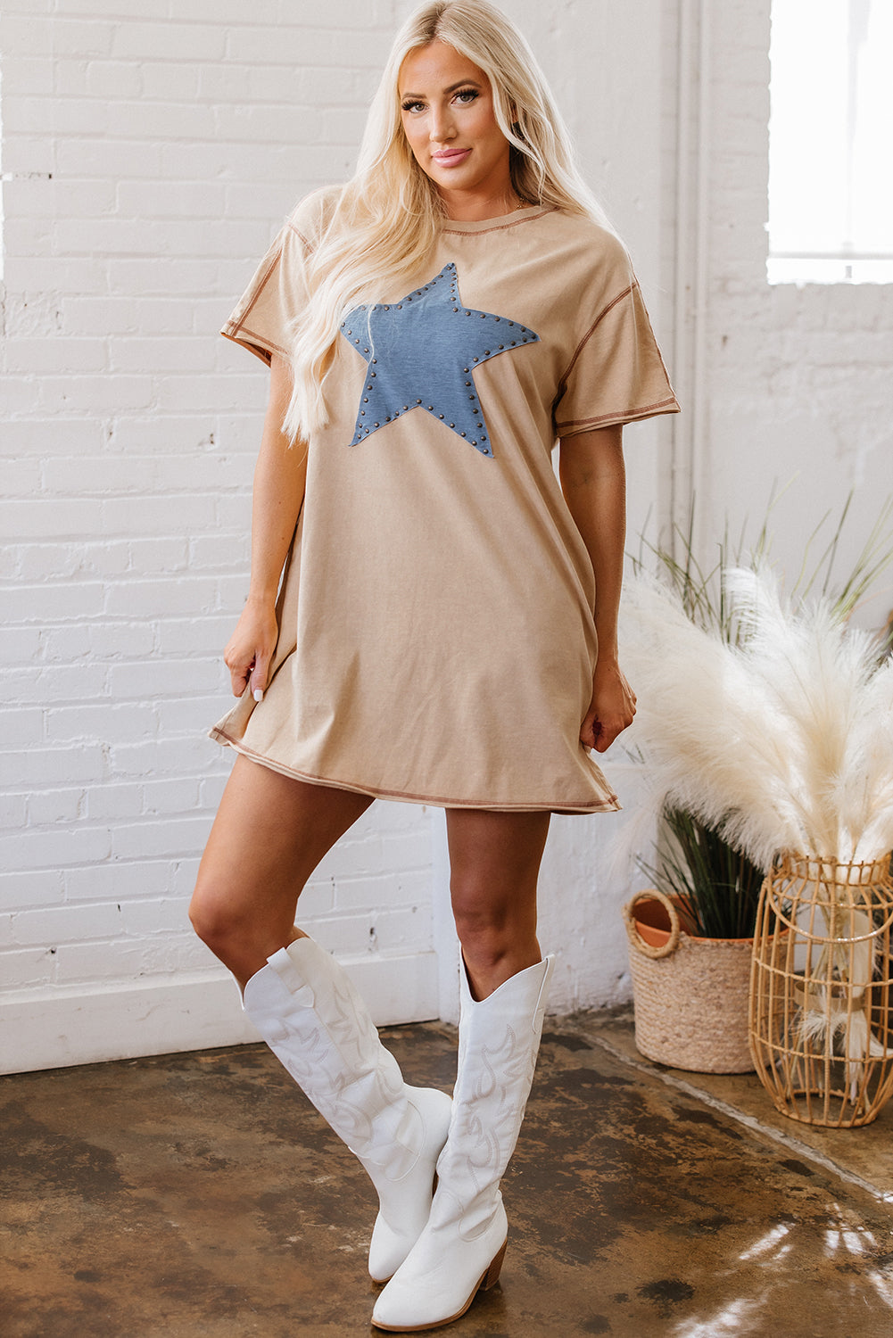 Pale Khaki Mineral Wash Stud Beaded Star Graphic Pocketed T Shirt Dress Dear-Lover Dropshipping