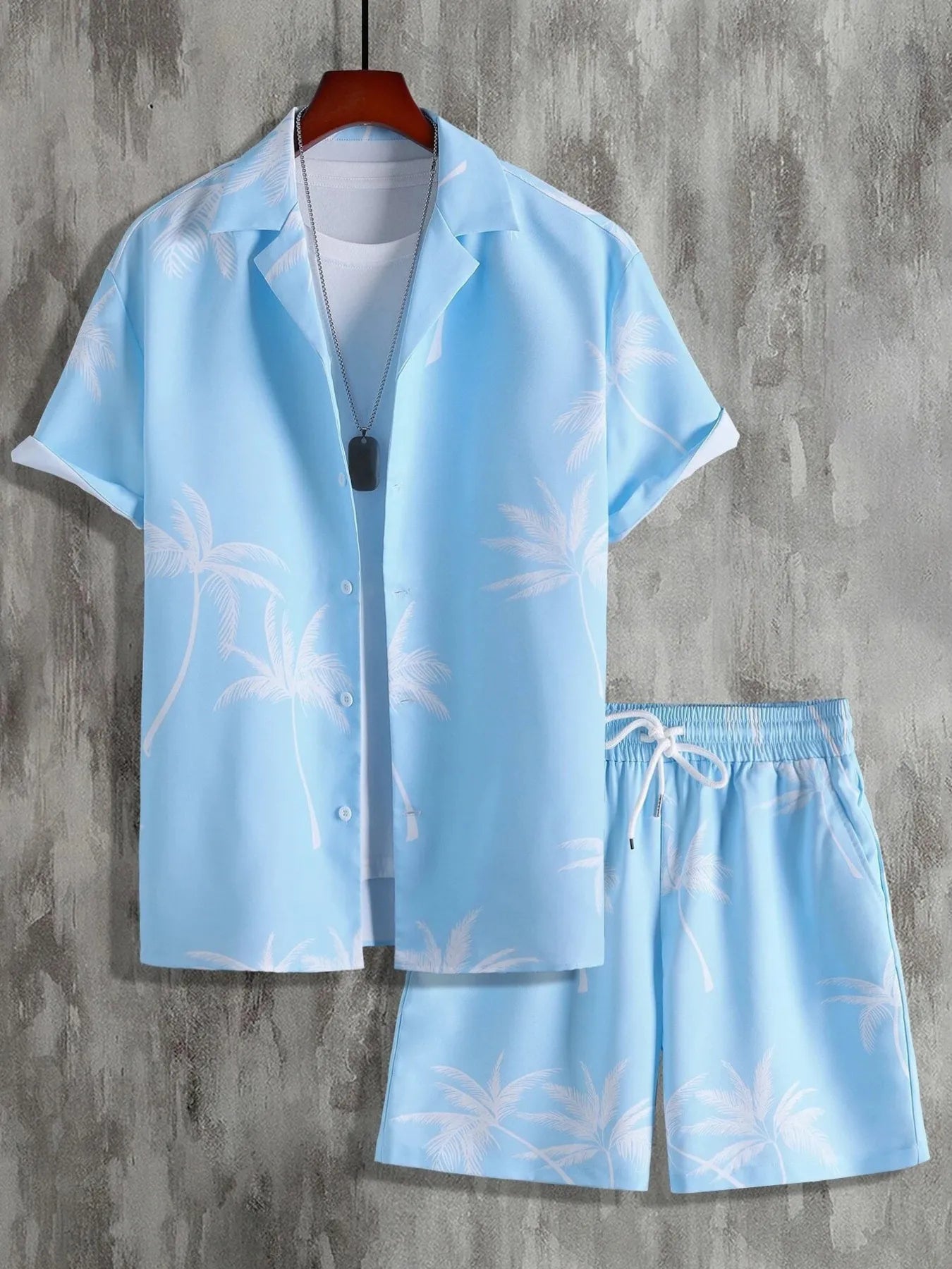 Men's Full Size Palm Print Button Up Shirt and Shorts Set Plus Size.