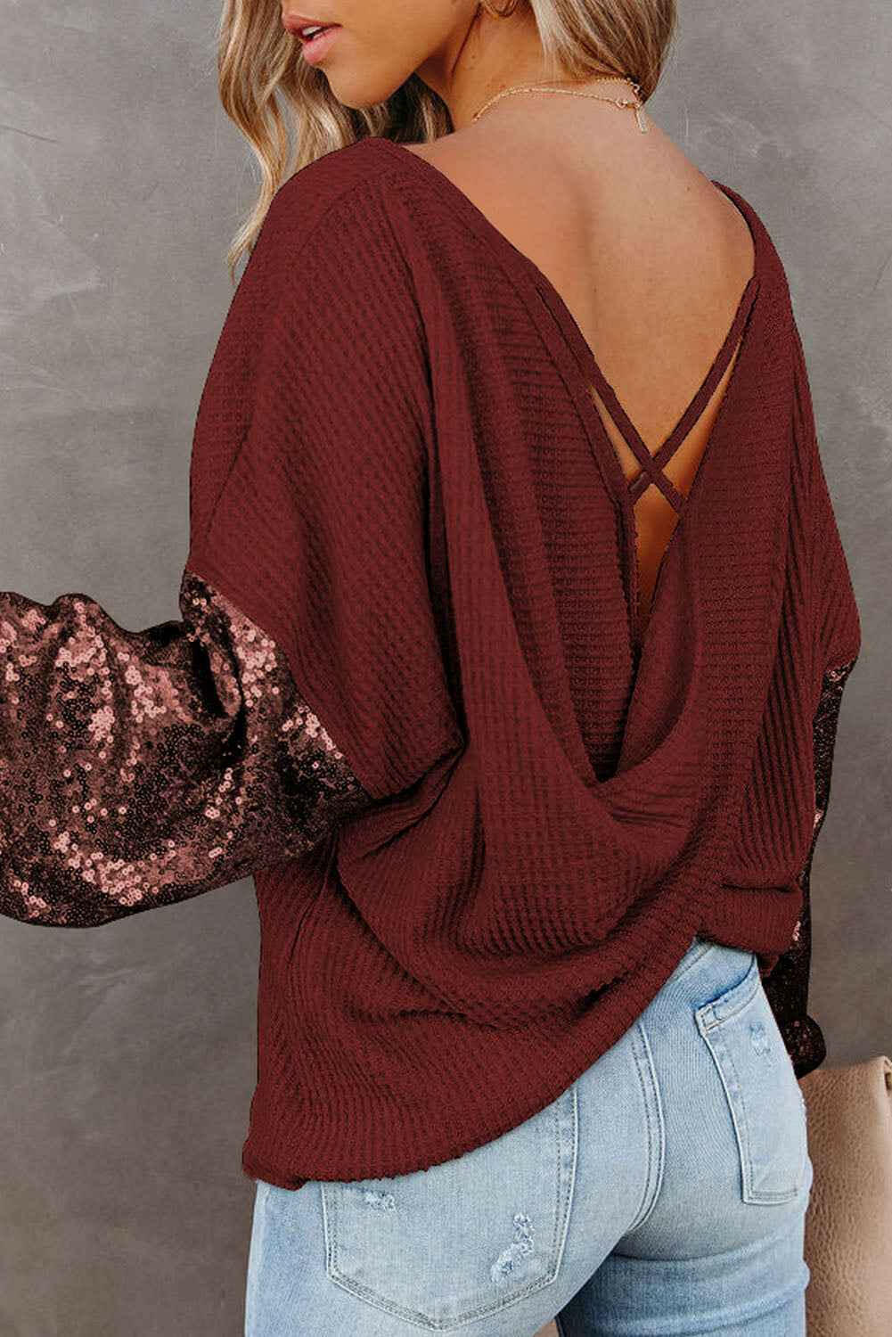 Sequin Waffle-Knit Blouse.