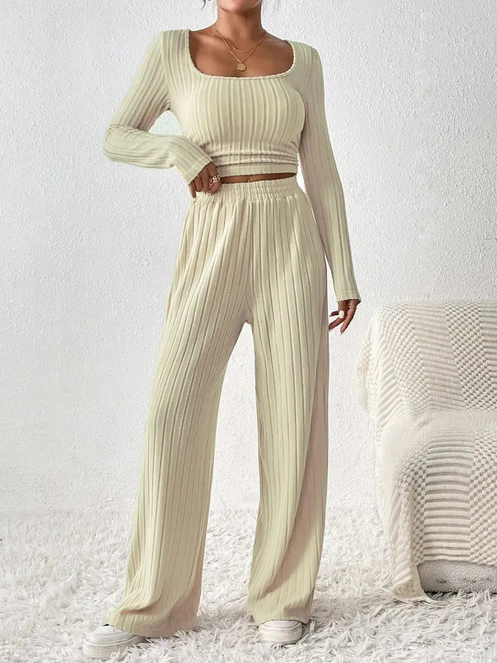 Honey Scoop Neck Long Sleeve Top and Pants Set.