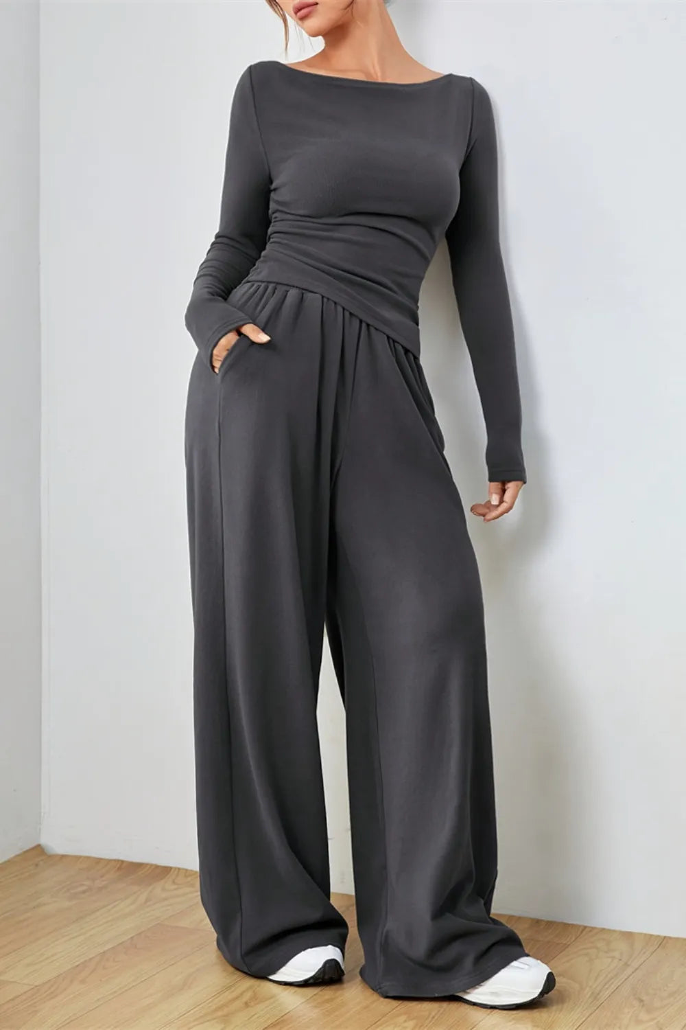 Boat Neck Long Sleeve Top and Pants Set.