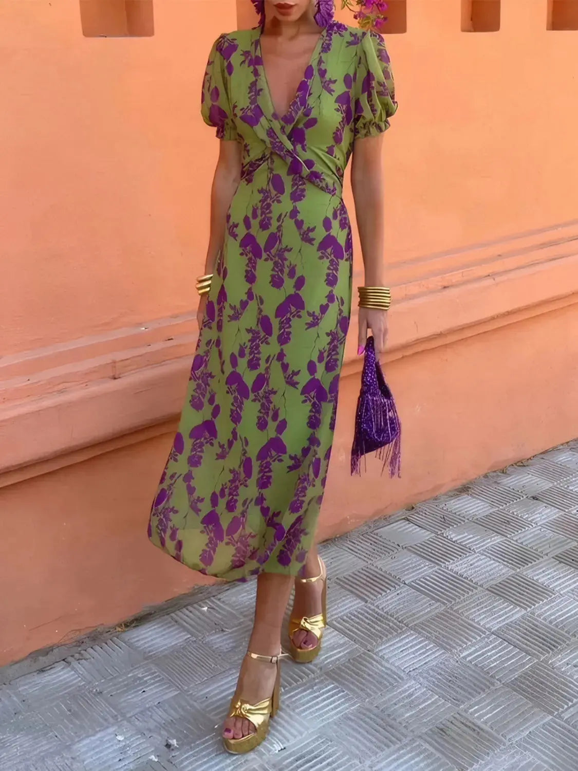 Printed Plunge Short Sleeve Midi Dress.