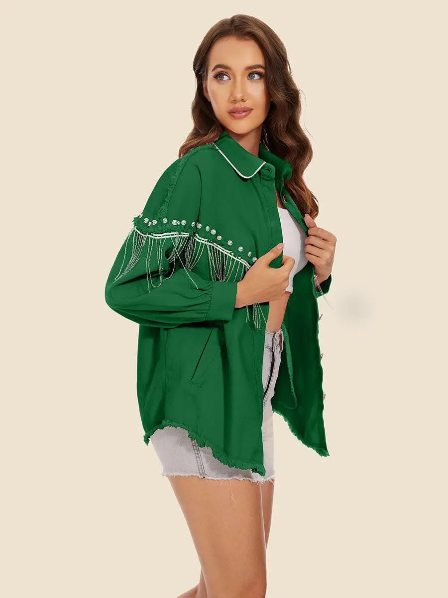 Raw Hem Fringe Detail Denim Jacket.