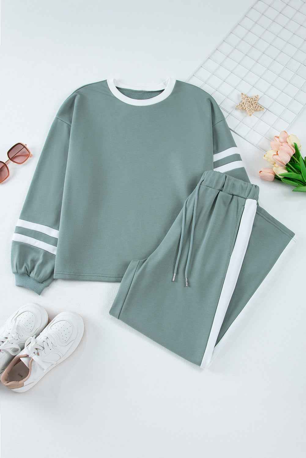 Blue Varsity Stripe Patchwork Puff Sleeve Pullover Drawstring Wide Leg Pant Set