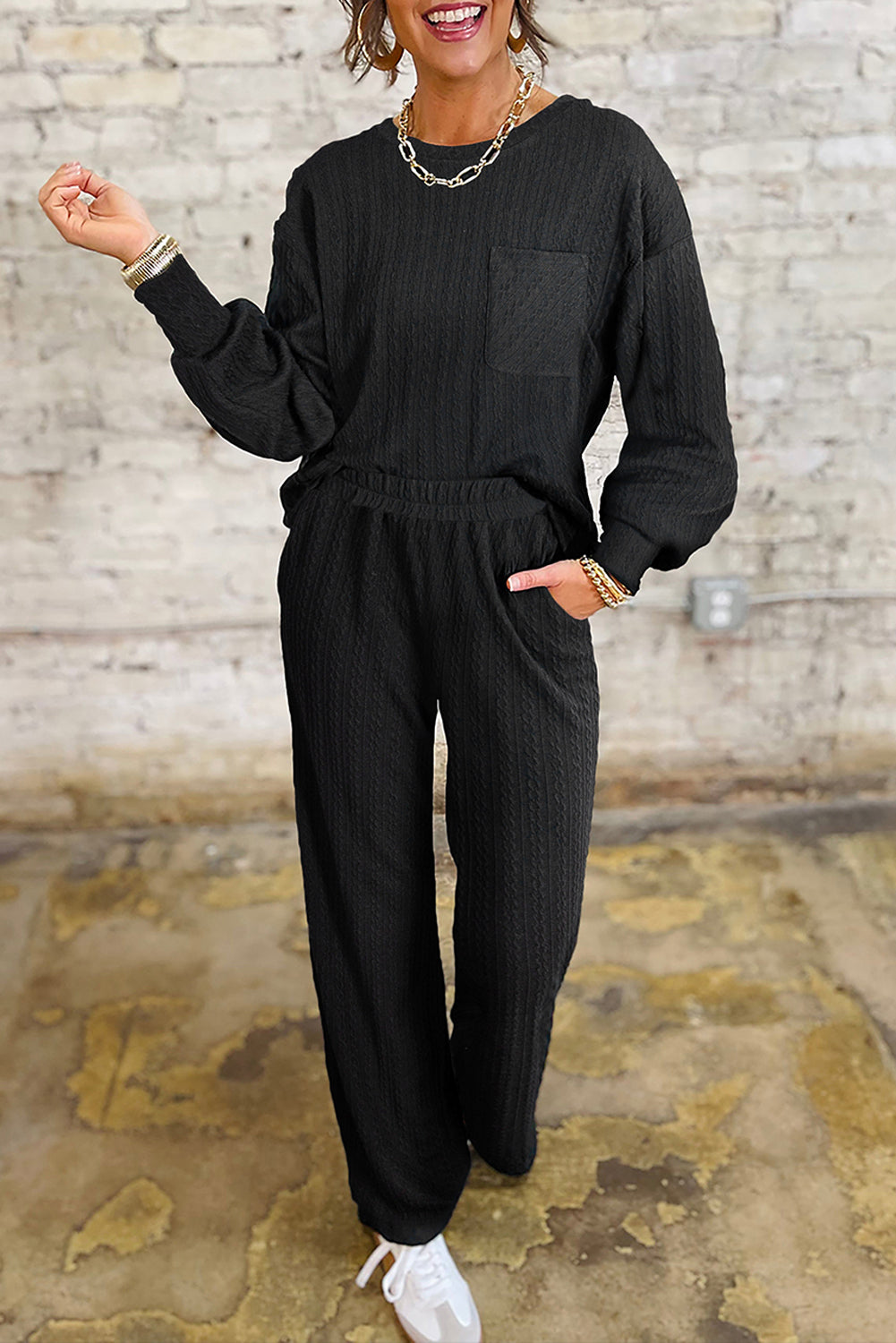 Black Textured Chest Pocket Long Sleeve Top 2Pcs Pants Set Dear-Lover Dropshipping