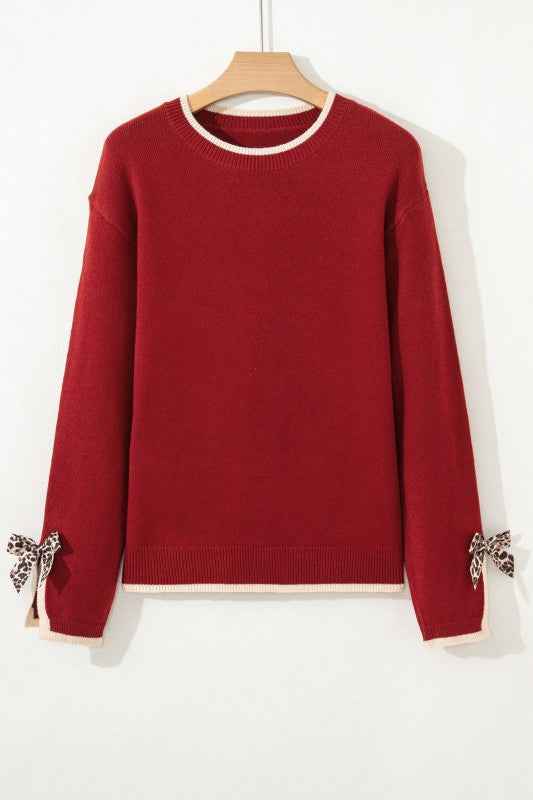 Leopard Bow Split Cuff Contrast Trim Sweater