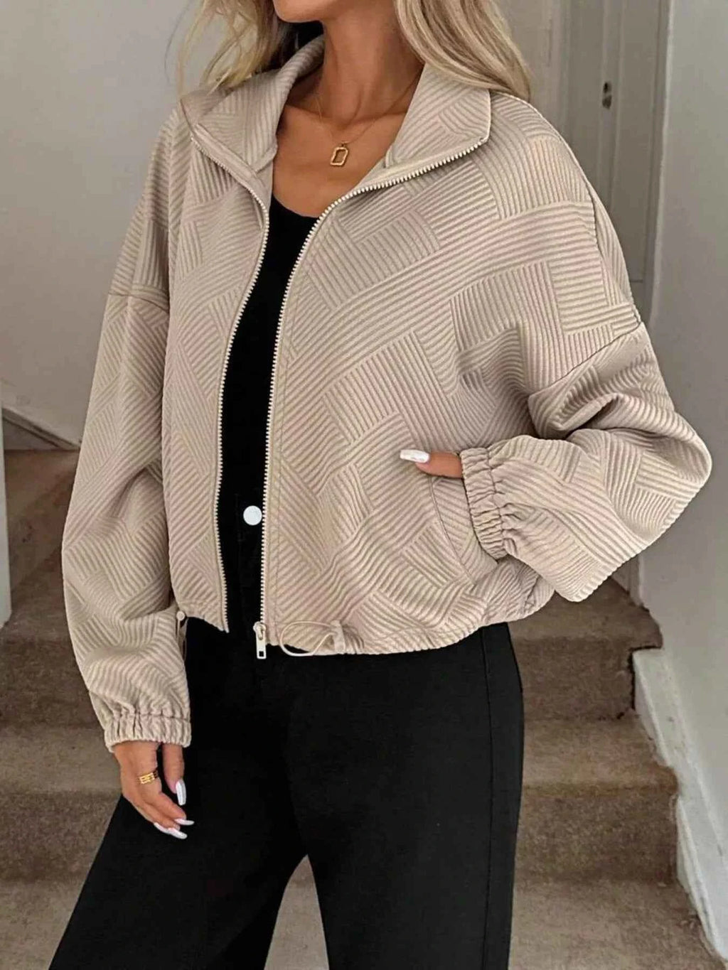 Drawstring Hem Textured Long Sleeve Jacket