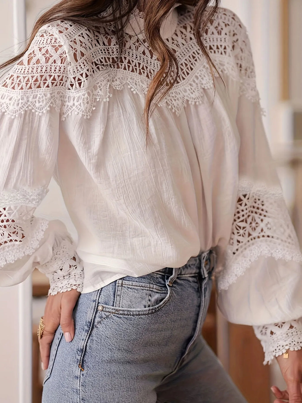 Crochet Lace Detail Long Sleeve Blouse.