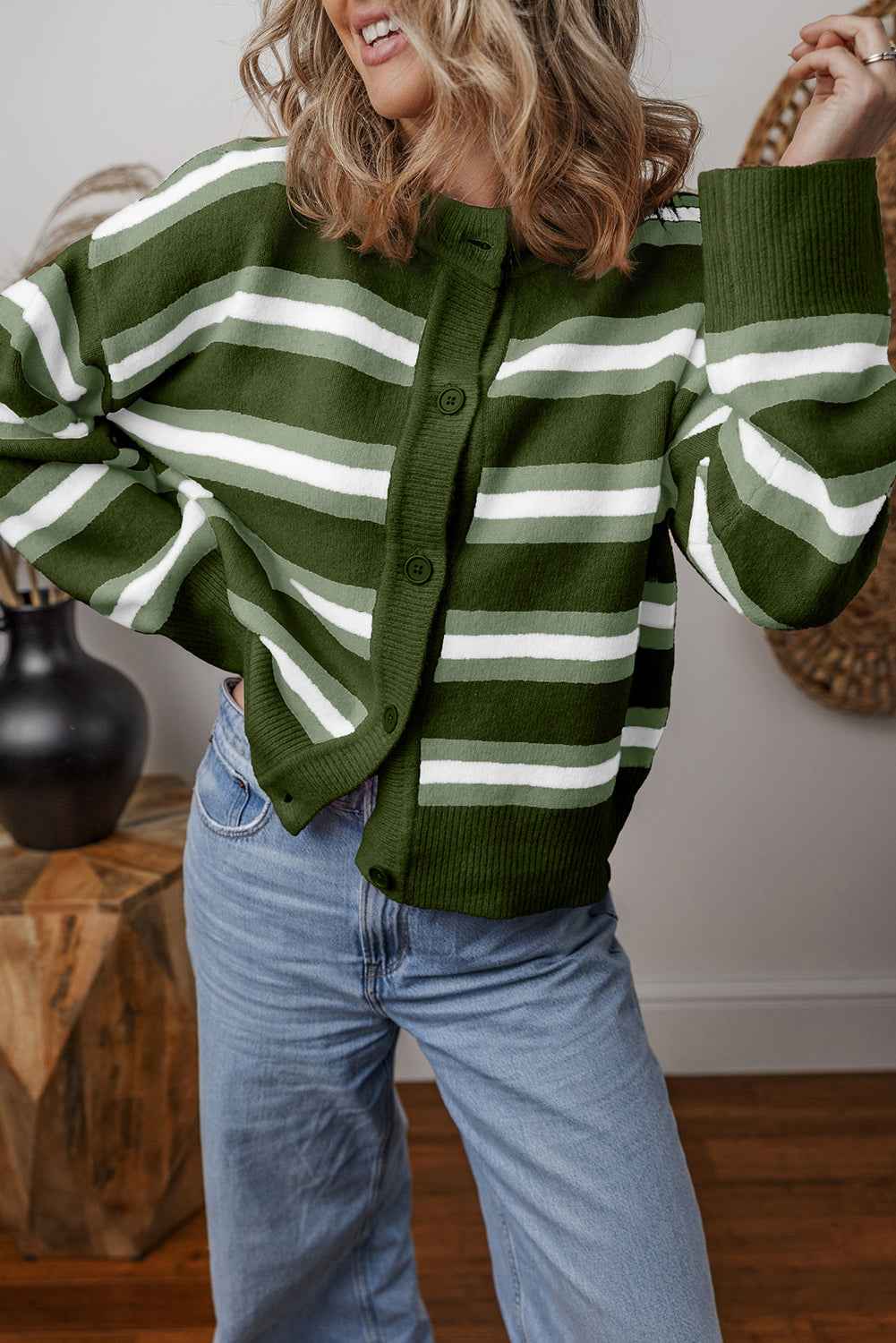 Green Stripe Drop Shoulder Buttons Cardigan Sweater