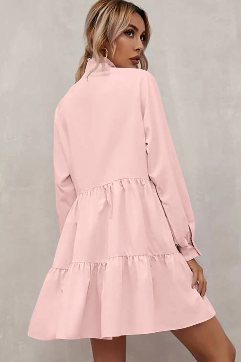 Pink Frilled Stand Collar Long Sleeve Ruffle Dress Dear-Lover Dropshipping