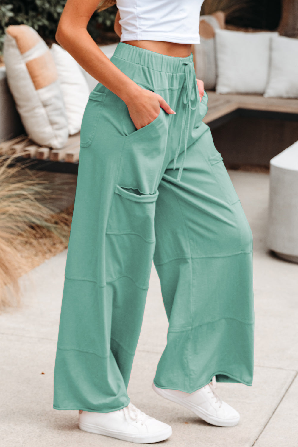 Mint Green Mineral Wash Exposed Seam Drawstring Elastic Waistband Wide Leg Cargo Pants Dear-Lover Dropshipping