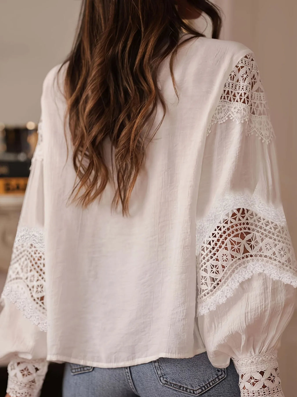 Crochet Lace Detail Long Sleeve Blouse.