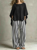 Womens Striped Pants And Cotton-Linen Top Set With Batwing Sleeves