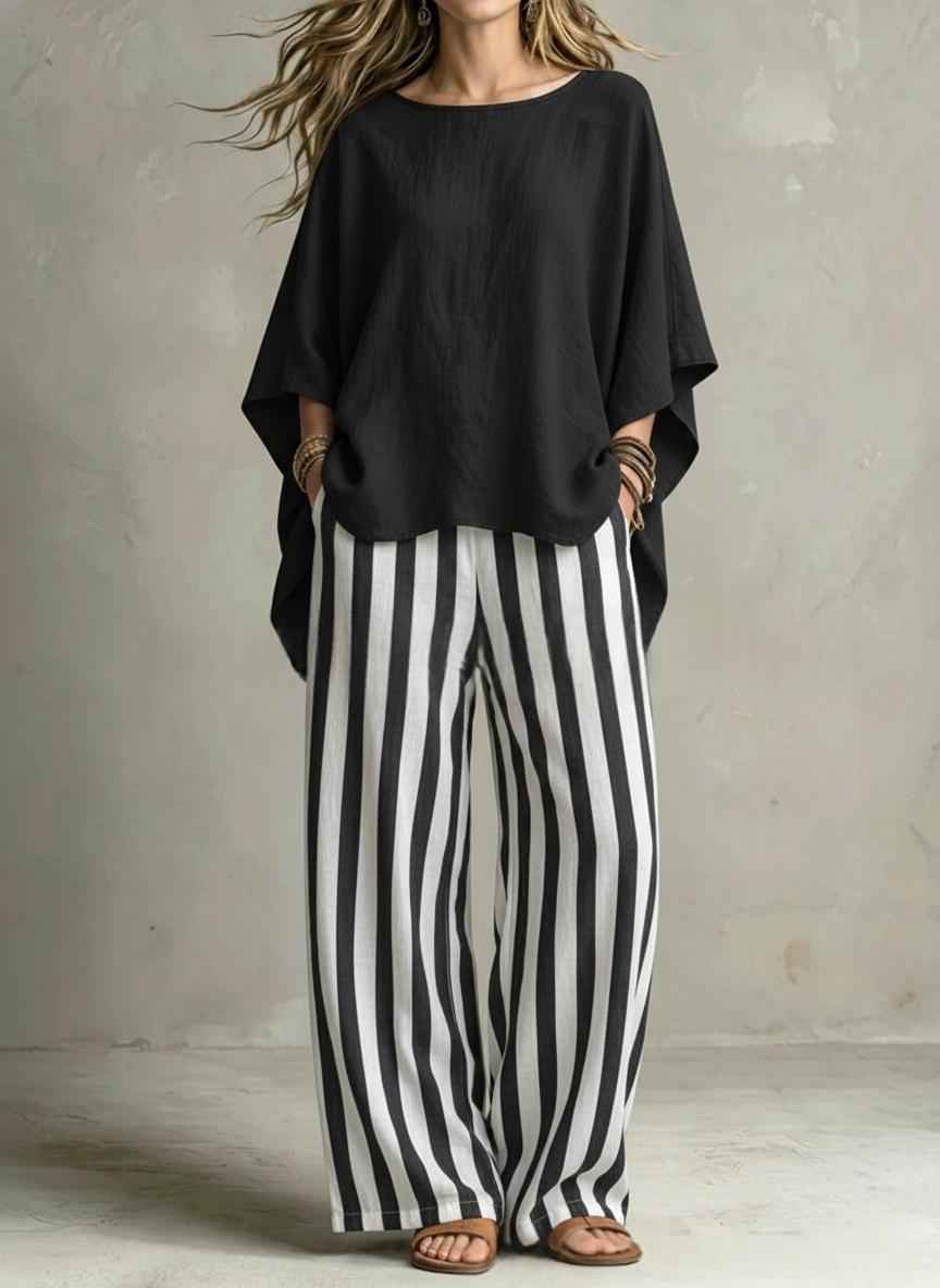 Womens Striped Pants And Cotton-Linen Top Set With Batwing Sleeves