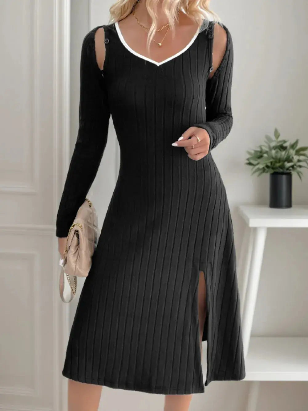 Perfee Slit Wide Strap Dress and Detachable Long Sleeves Set.