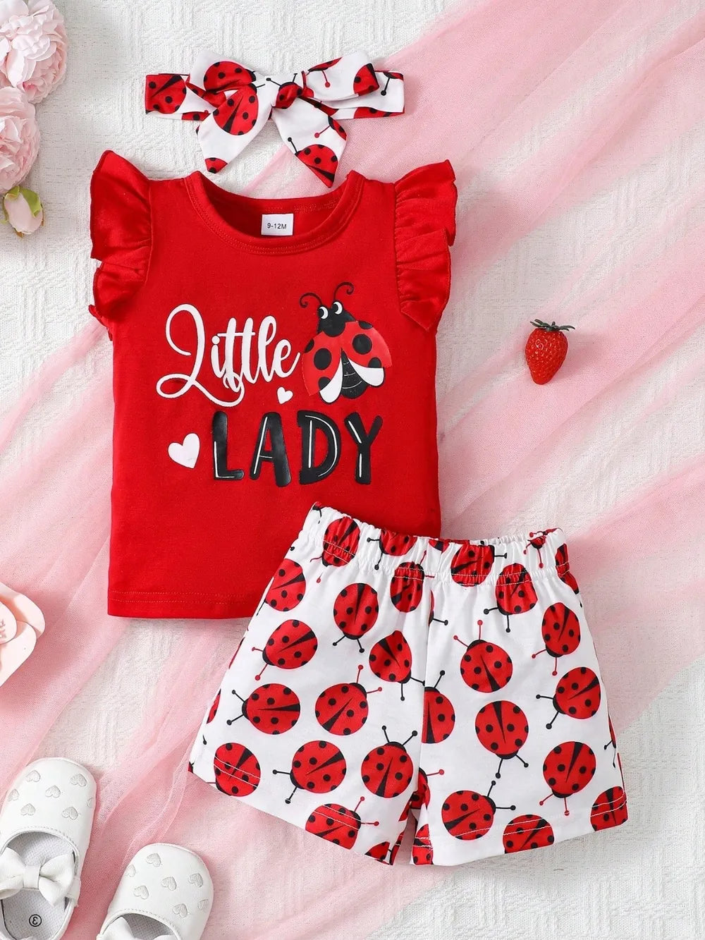 Children's Headband, Round Neck Ruffle Sleeve Top and Pants Set.