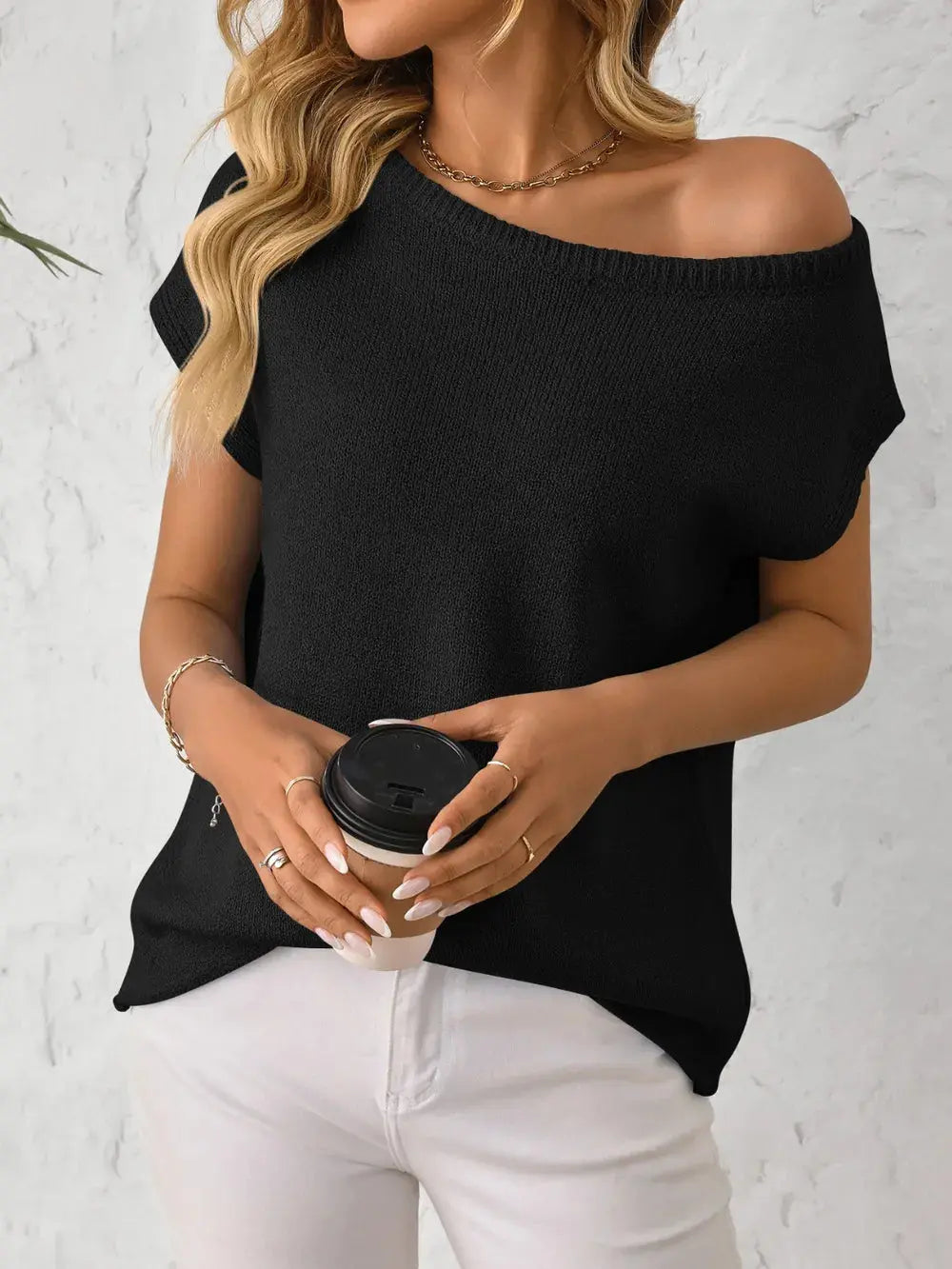 Mandy Boat Neck Short Sleeve Knit Top.