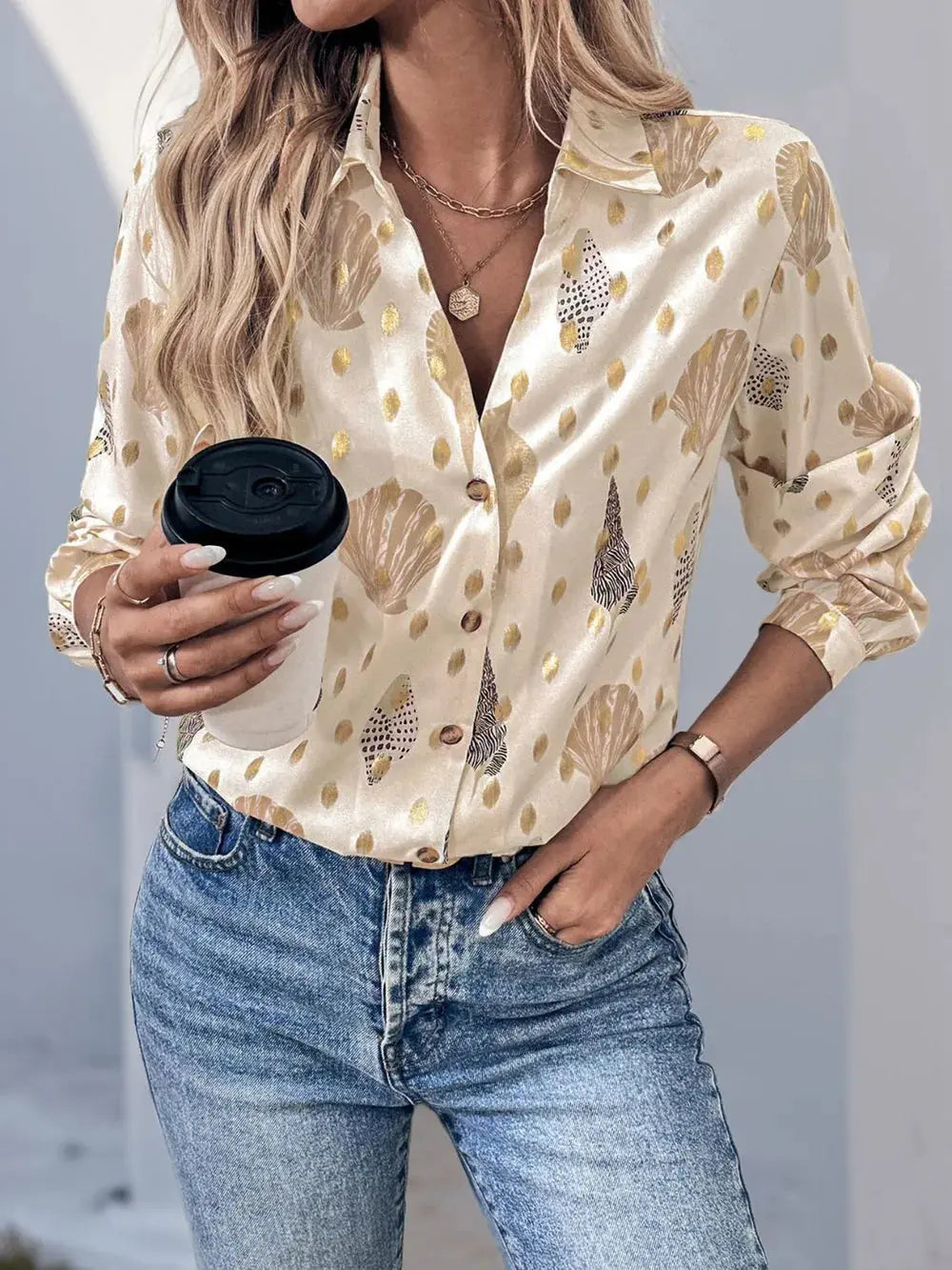 Perfee Printed Collared Neck Long Sleeve Shirt.
