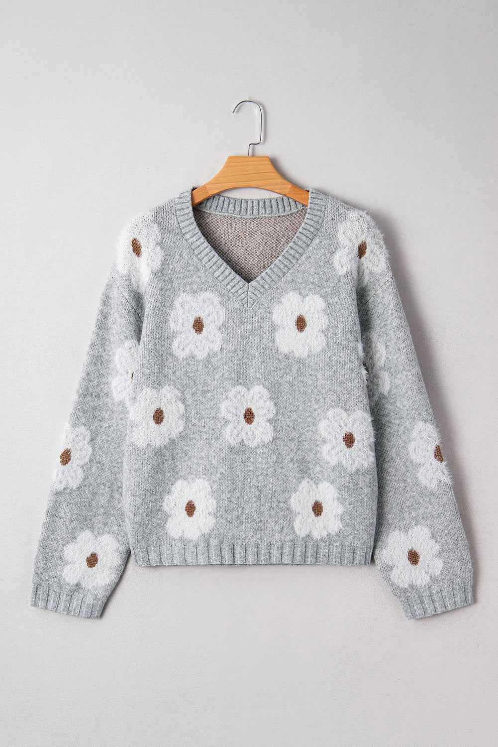 Gray Cute Flower Print V Neck Drop Shoulder Baggy Sweater