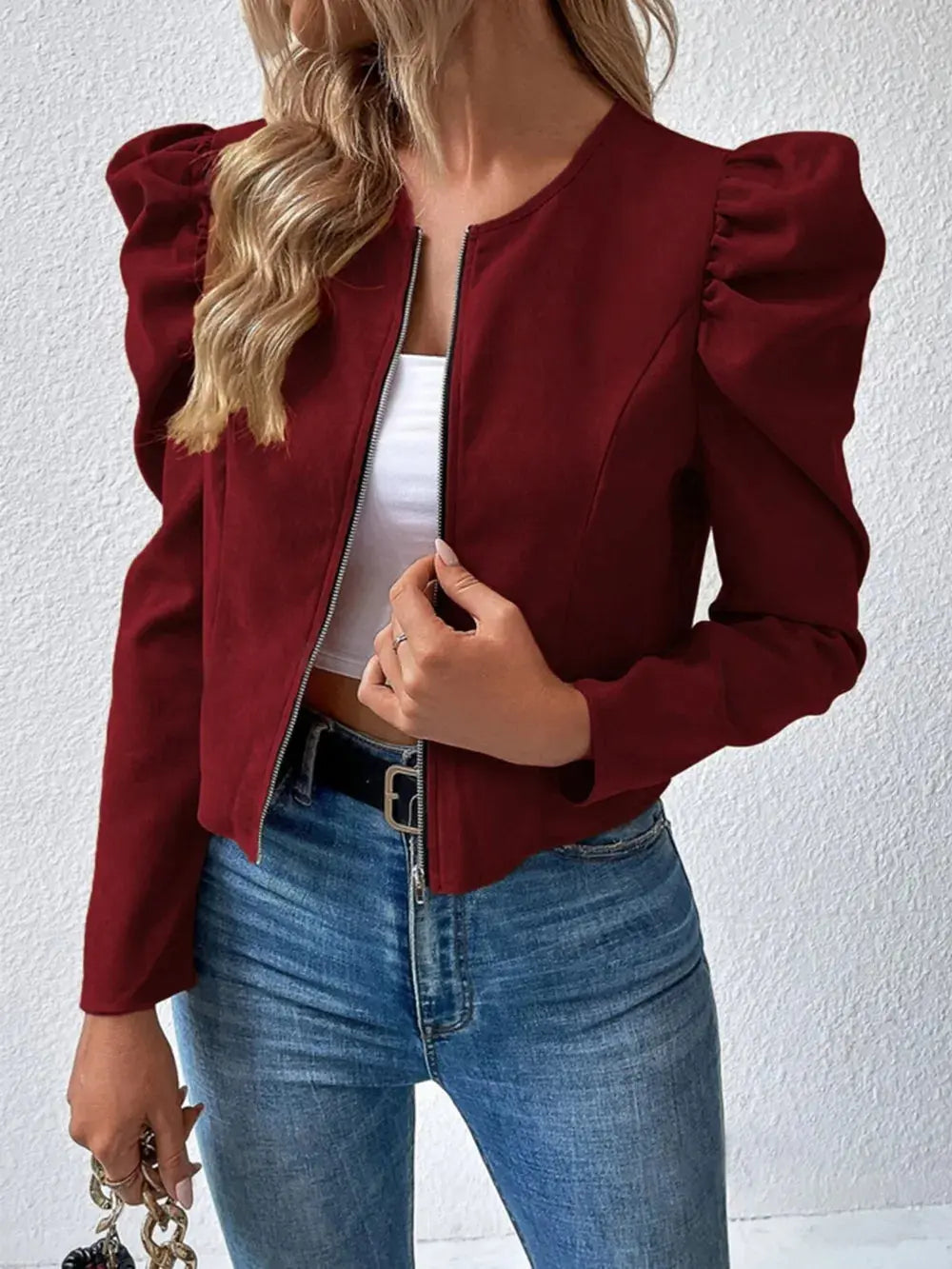 Zip Up Puff Sleeve Jacket.