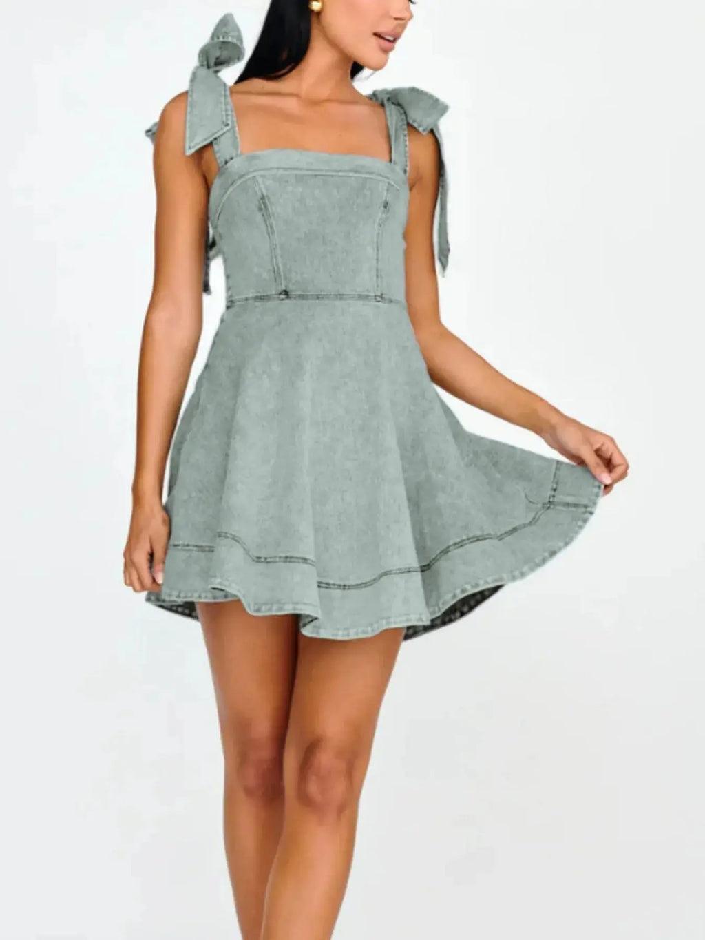 Bow-Shoulder Square Neck Denim Mini Dress.