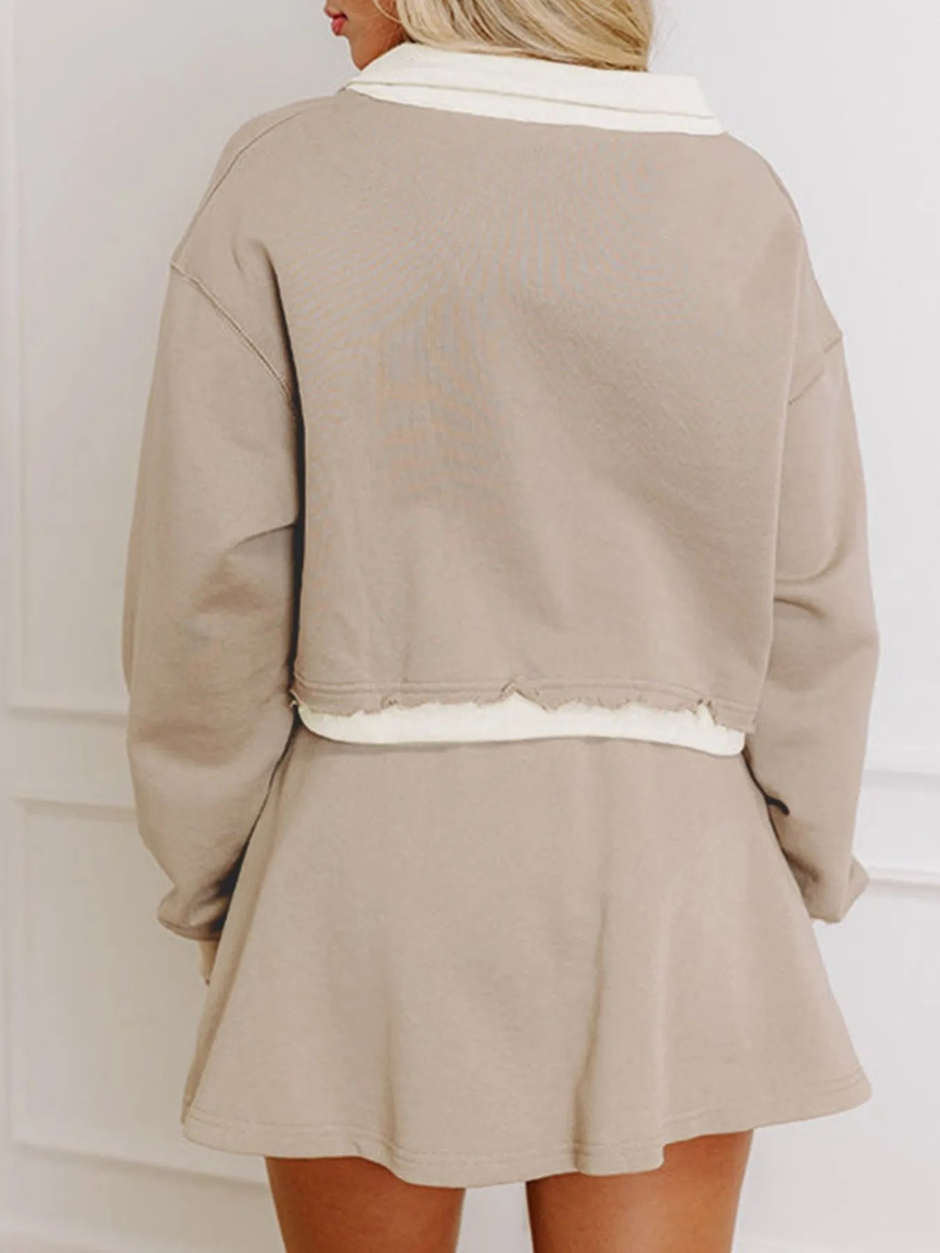 Contrast Collared Neck Top and Drawstring Mini Skirt Set.