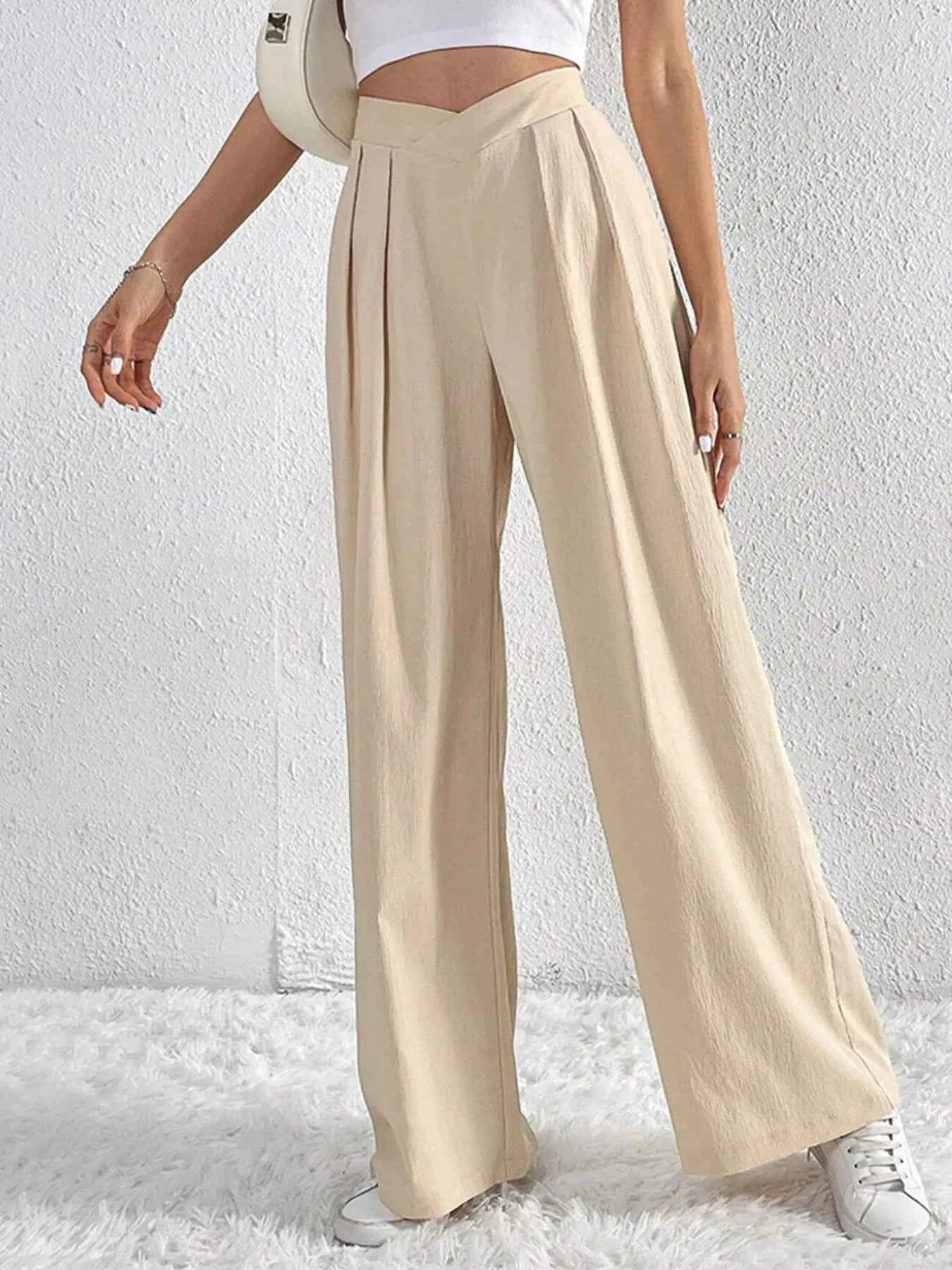V-Waisted Ruched Front Wide Leg Pants.
