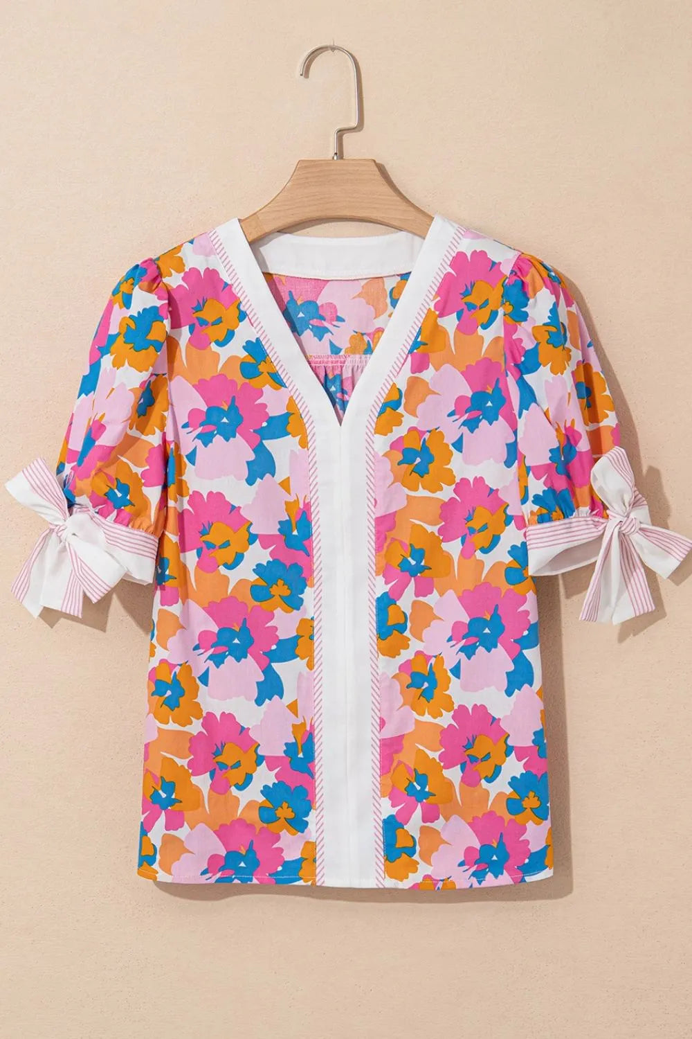 Floral Striped Edge V Neck Knotted Short Sleeve Blouse.