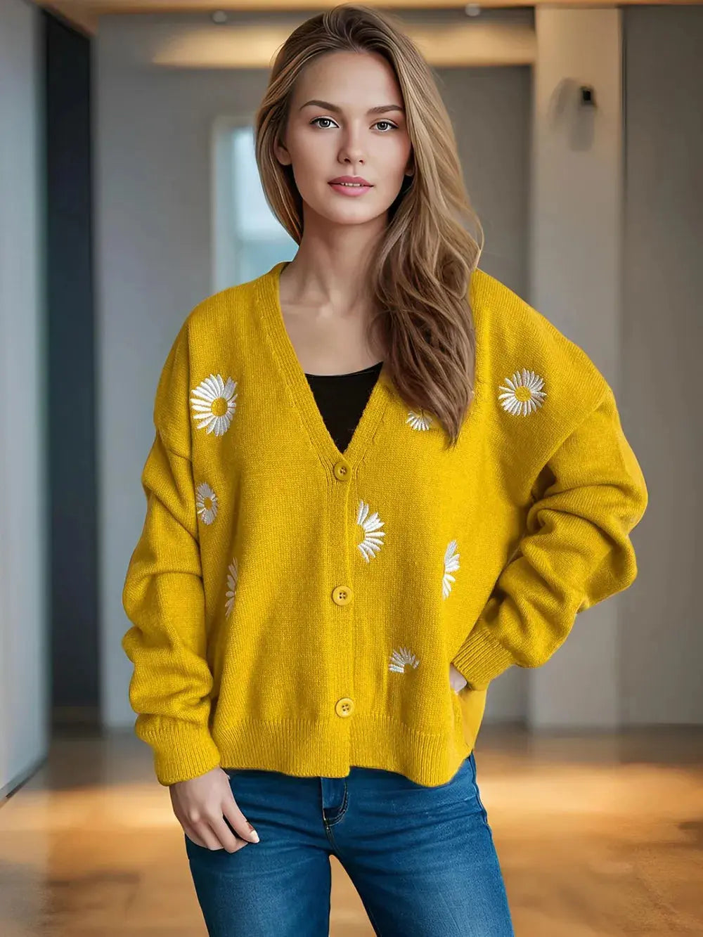 Daisy Button Up V-Neck Cardigan.