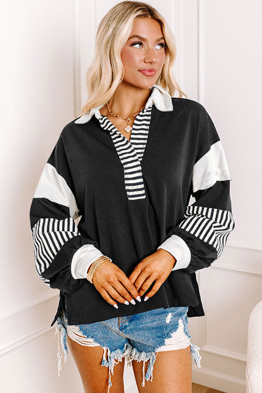 Black Striped Colorblock Patchwork Collar Sweatshirt Dear-Lover Dropshipping