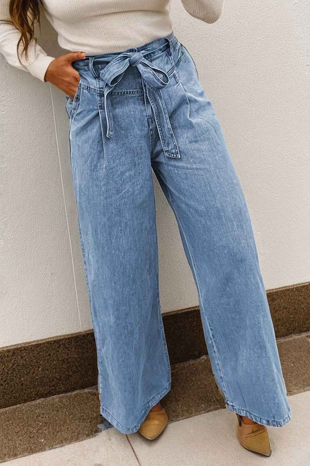Beau Blue Western Washed Bow Knot Sash Wide Leg Jeans