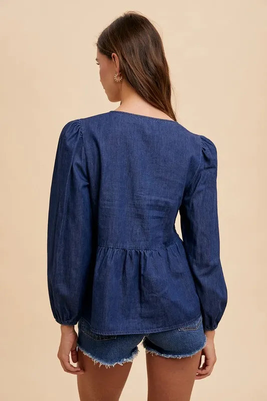 Annie Wear Tie Front Peplum Long Sleeve Denim Top.