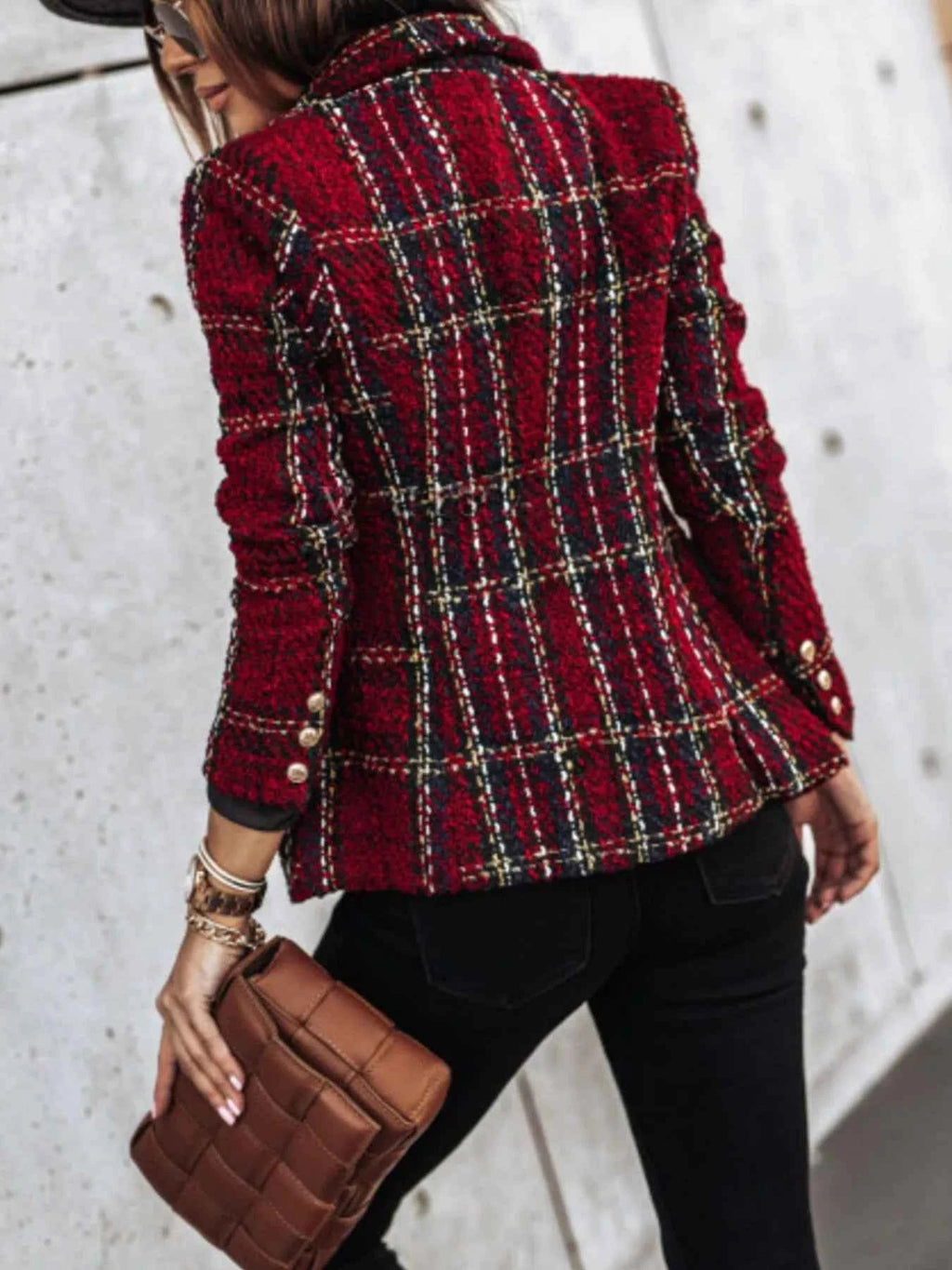 Full Size Plaid Tweed Double-Breasted Blazer Plus Size