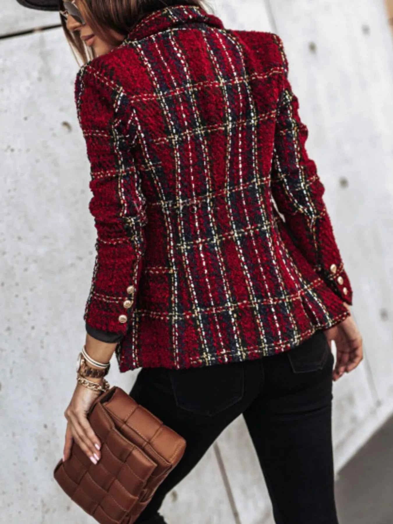 Full Size Plaid Tweed Double-Breasted Blazer Plus Size