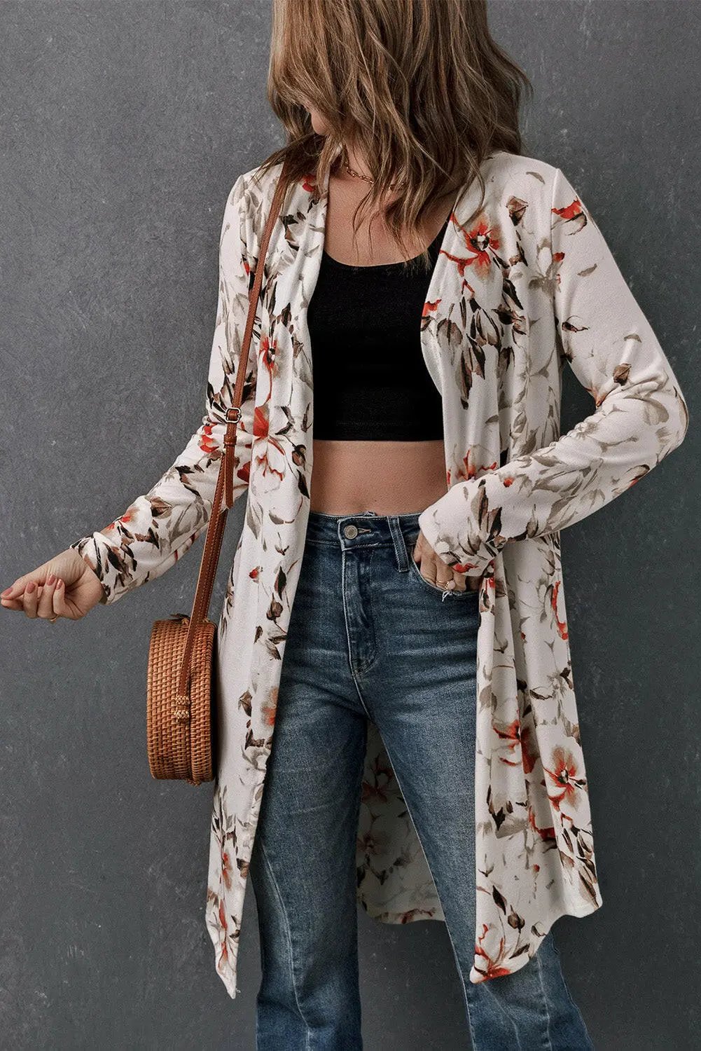 Printed Open Front Longline Cardigan.