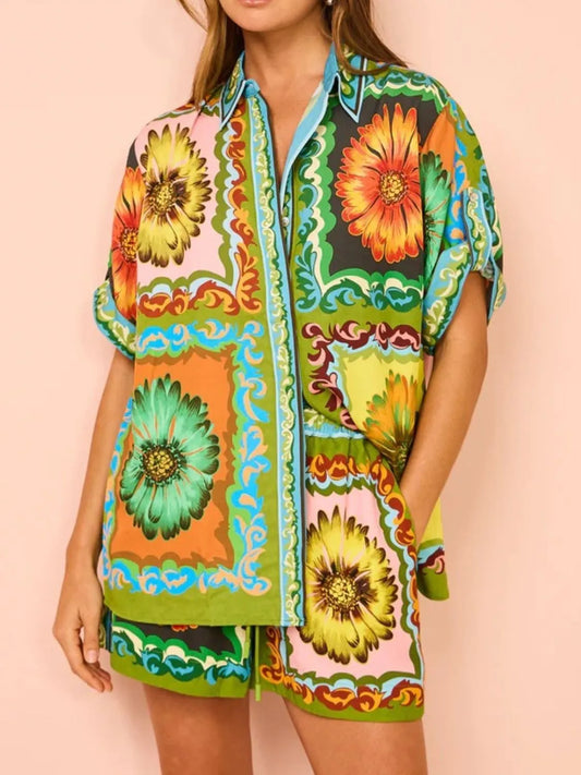 WOMEN Button Down Top and Drawstring Shorts Set - CHIC TB