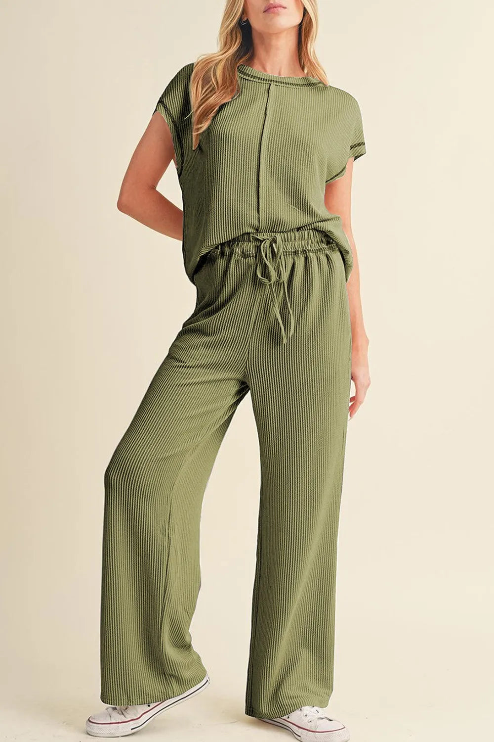 Solid Color Corded Short Sleeve Top and Casual Pants Set.