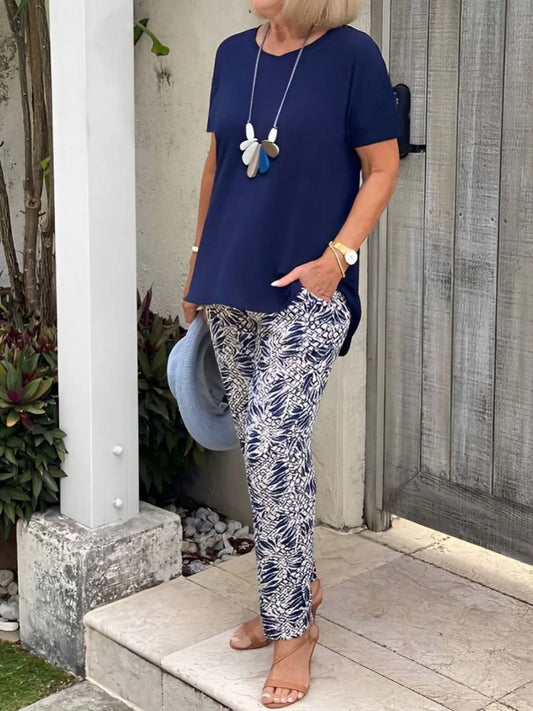 Full Size Round Neck Short Sleeve Top and Pants Set Plus Size - CHIC TB