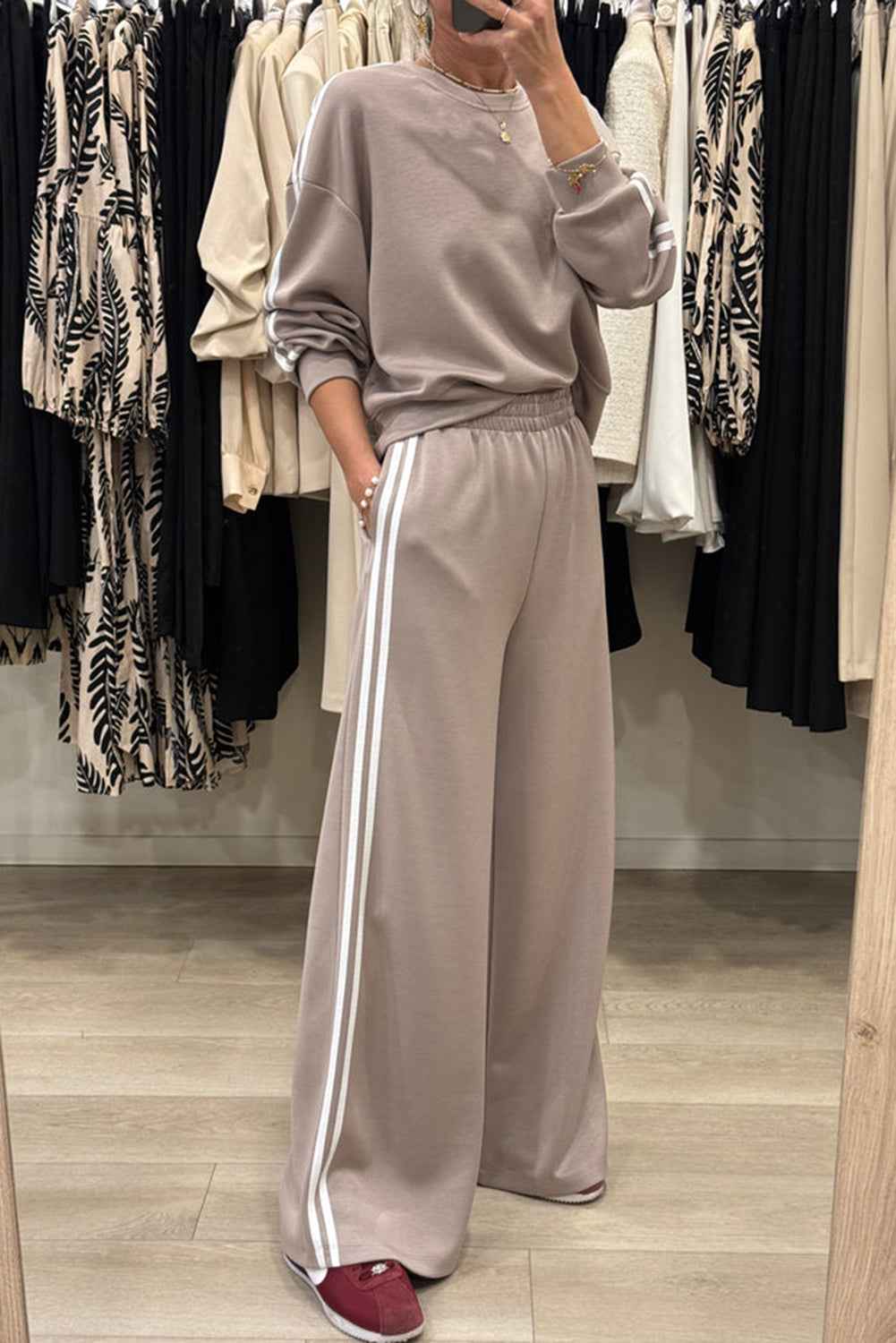 Gray Morn Varsity Striped Detail Crewneck Pullover Elastic Sweatpants 2pcs Outfit