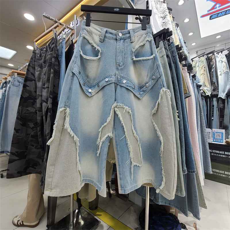 Patchwork Raw-Edge Wide-Leg Denim Jeans For Women