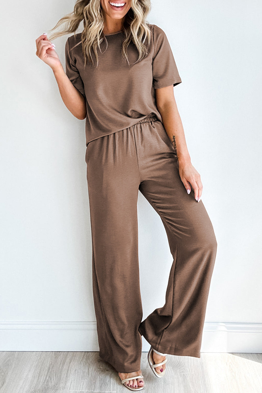 Smoke Gray Solid Color T Shirt 2pcs Wide Leg Pants Set Dear-Lover Dropshipping