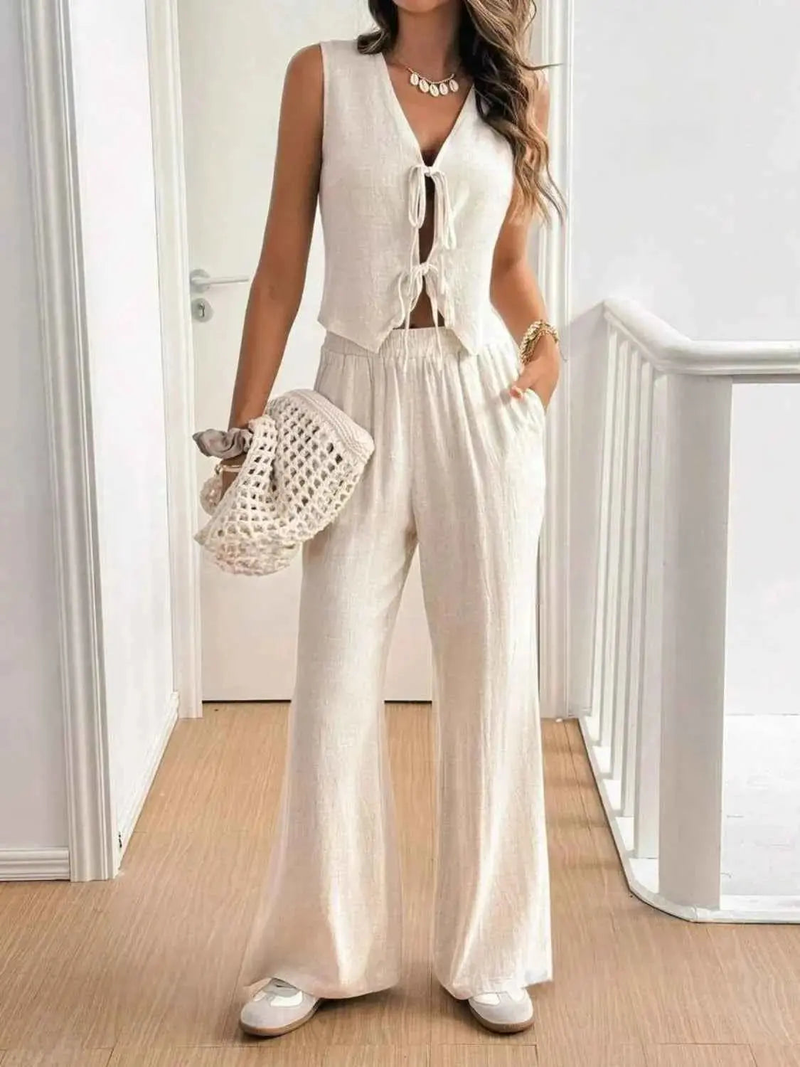 V Neck Sleeveless Top and Pants Set.