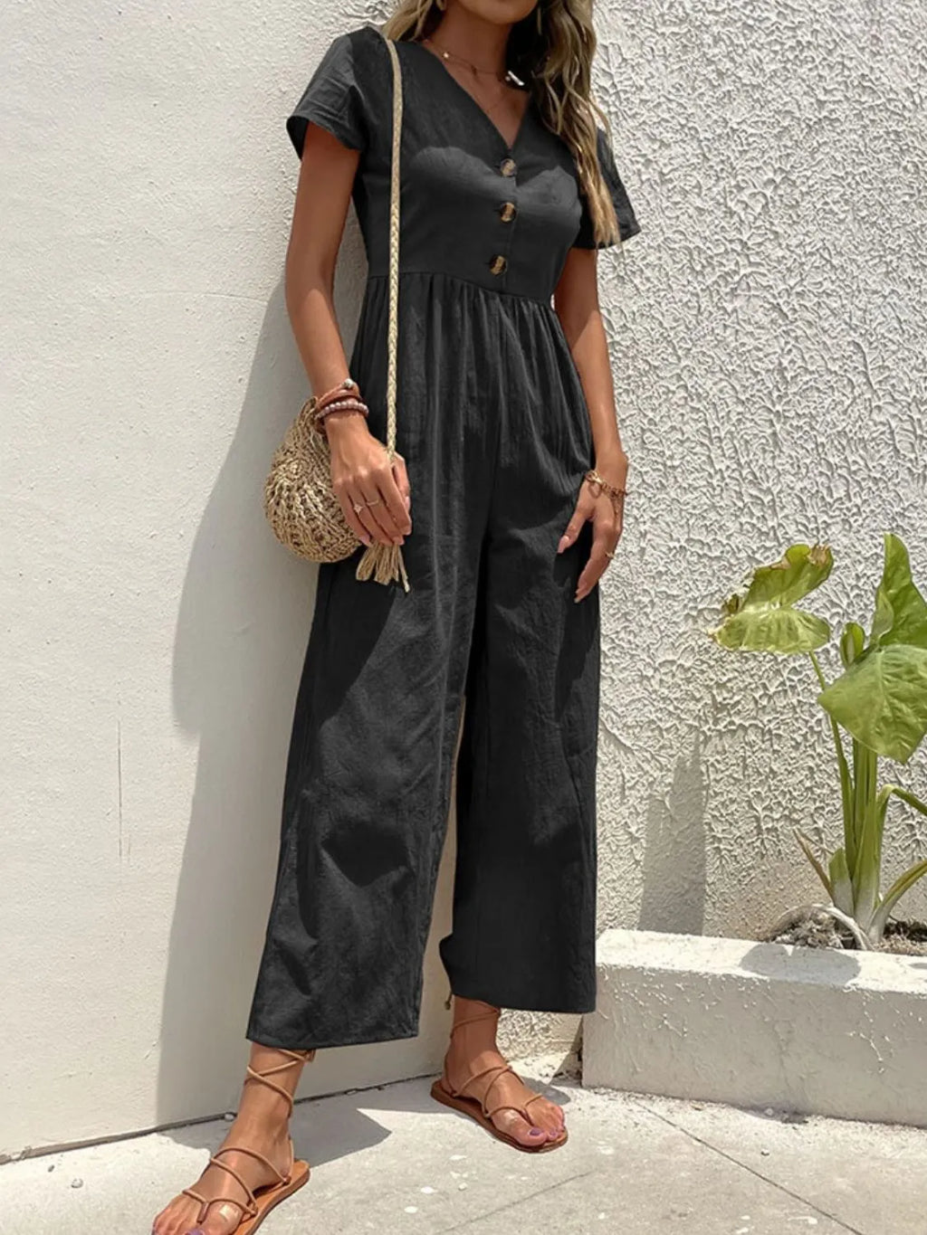 V-Neck Short Sleeve Wide Leg Jumpsuit.