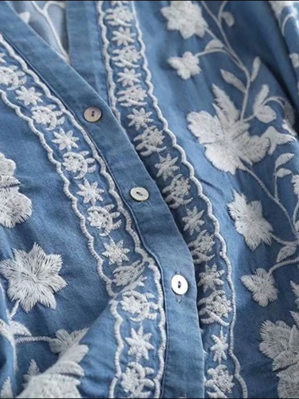 Floral Embroidered Button Up Denim Shirt.