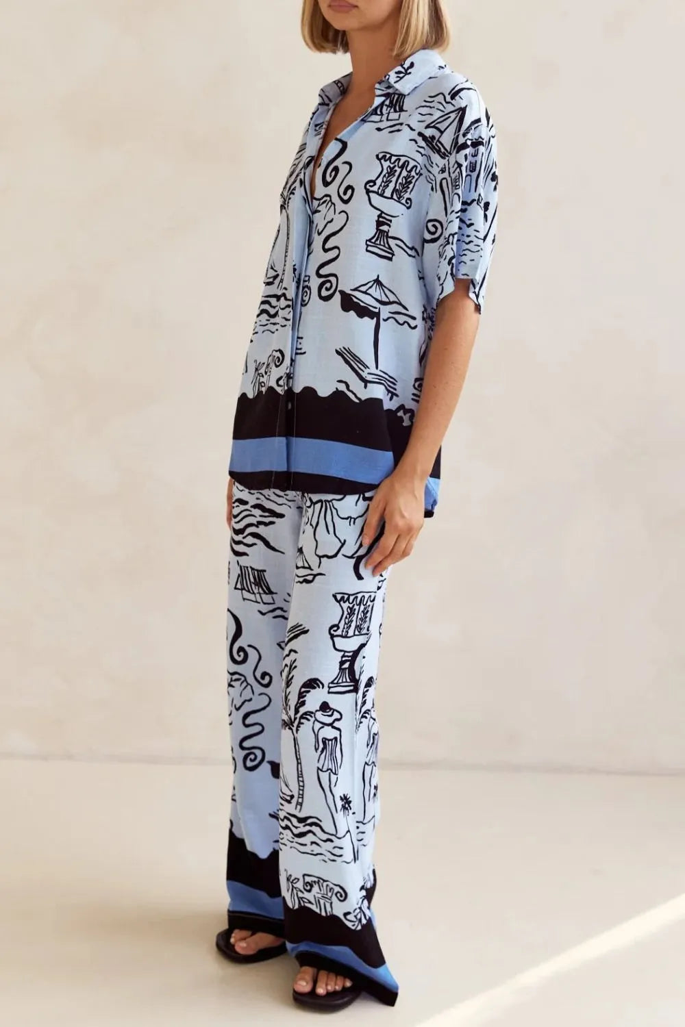 Printed Button Up Shirt and Pants Set Plus Size - CHIC TB
